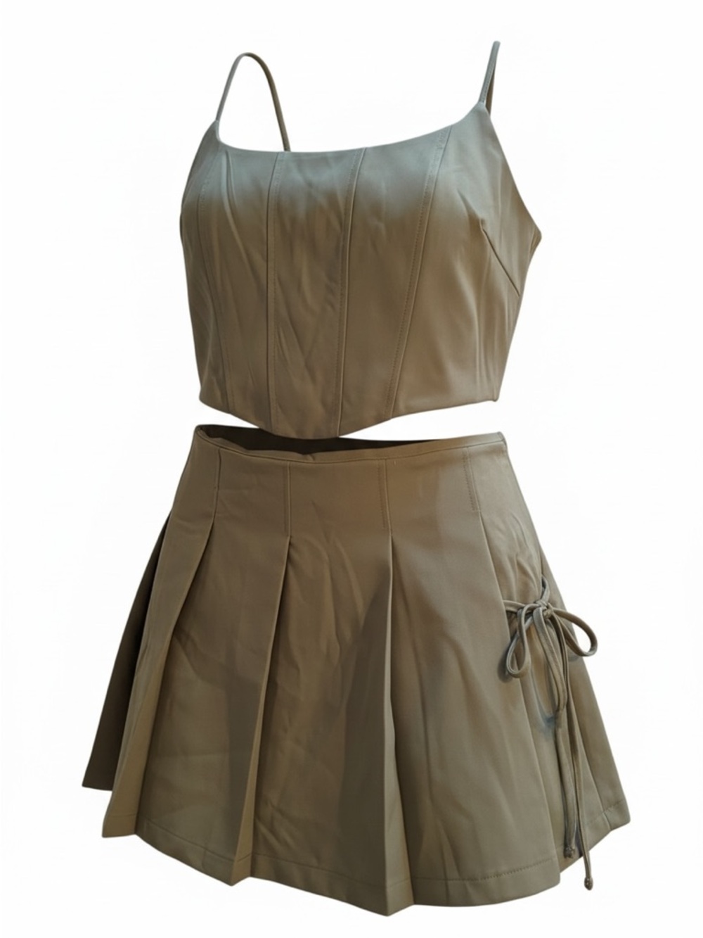 Boho Two-Piece Olive Green Crop Top & Pleated Skirt Set Size Medium